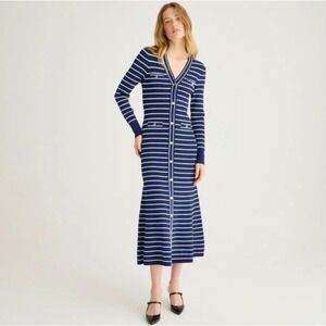 JCrew Striped Ribbed Knit Sweater Maxi Dress XS Navy Cardigan Button Front